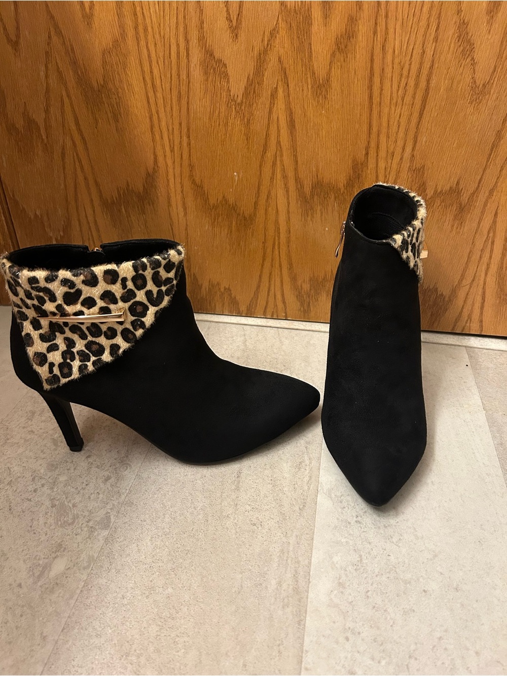 Monroe & Main Black Ankle Booties with Leopard Cuff